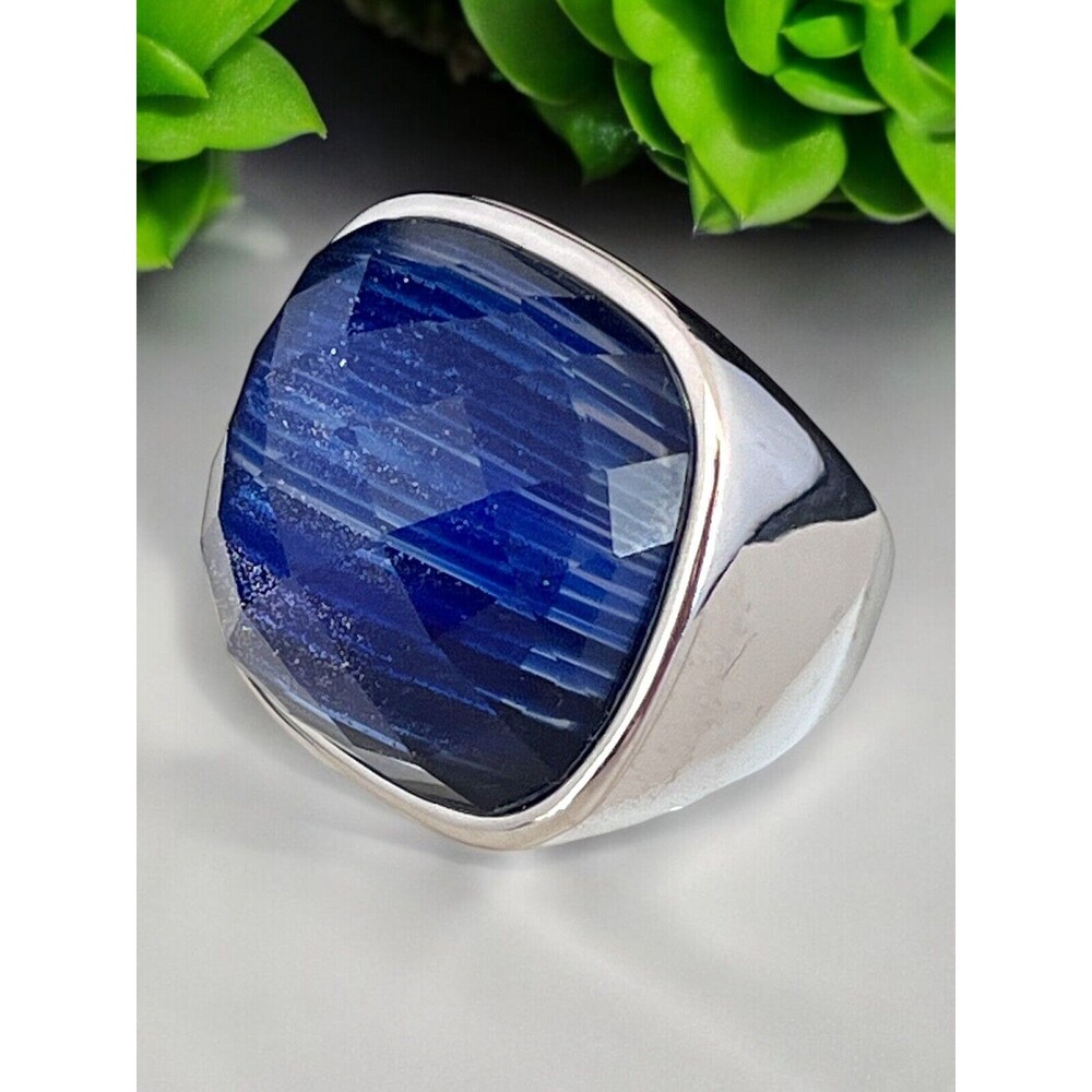 New Silver Tone Ring Large Blue Stone Gold Fleck Size 8.5 - 9J